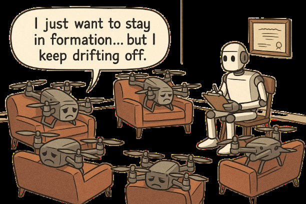 Comic of unhappy drones in chairs speaking to a robot therapist about drifting out of formation