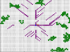 Grid-based swarm foraging simulation with colored agent trails